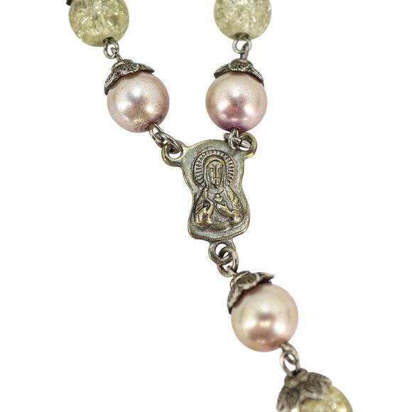 Vintage Large Display Ceremonial Ornate Rosary Faux Pearl & Crackle Glass Beads - Picture 5 of 10